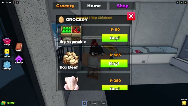 Karinderya Grocery panel showing 1kg Vegetable at ₱90, 1kg Beef at ₱585, and 1kg Pork at ₱280 in the August build