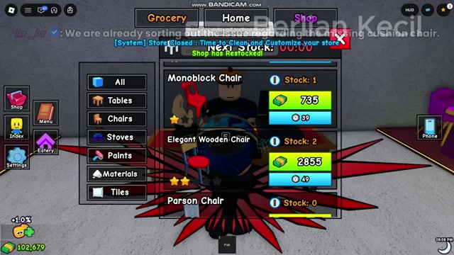 Karinderya Shop Chairs tab showing Monoblock Chair at ₱735 and Elegant Wooden Chair at ₱2855 after a restock