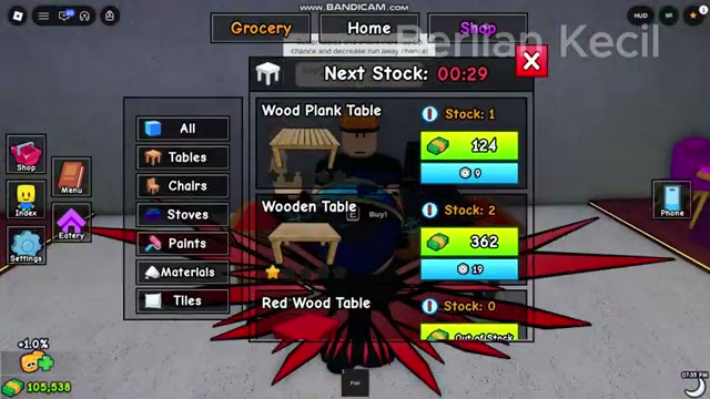 Karinderya Shop Tables tab showing Wood Plank Table at ₱124 and Wooden Table at ₱362 with stock counts